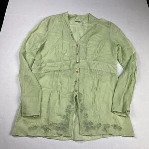 J.Jill Embroidered Button Down Shirt Green Sheer Boho Y2K Long Sleeve Top SMALL